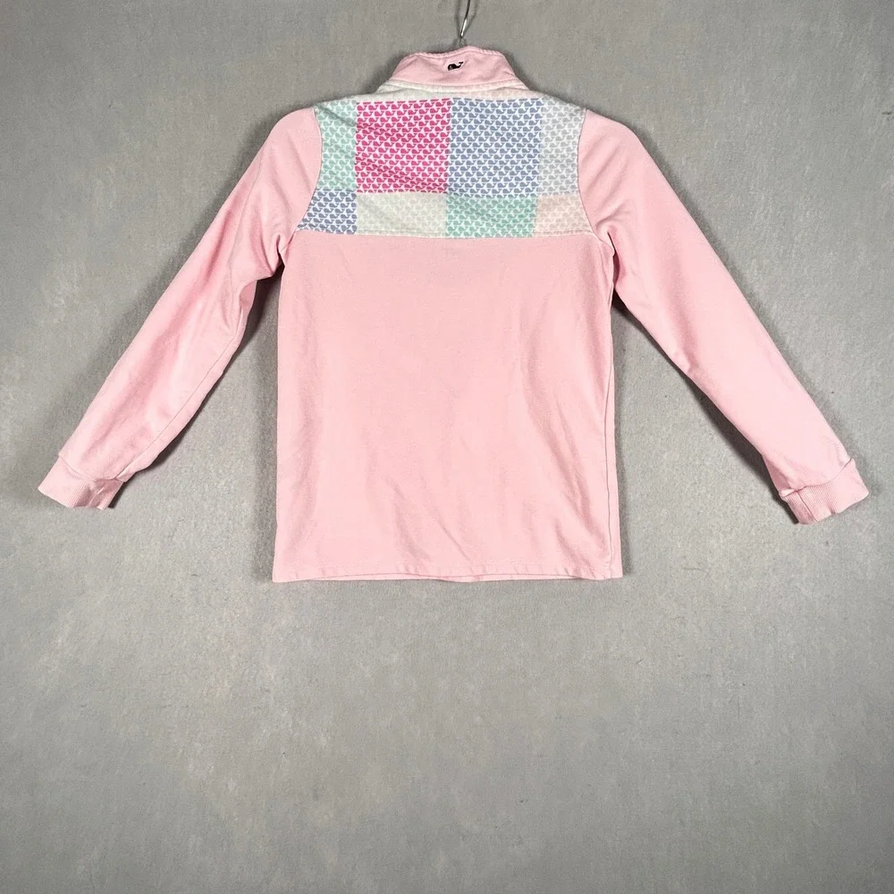 Vineyard Vines Pullover Girls L 10/12 Pink Patchwork Whale Print Quarter Zip Top